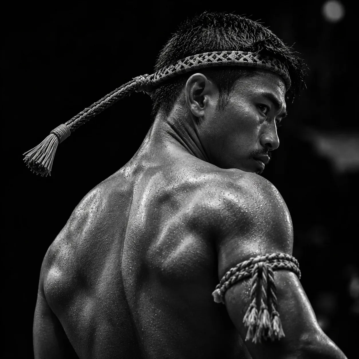 Muay Thai fighter wearing a traditional mongkhon